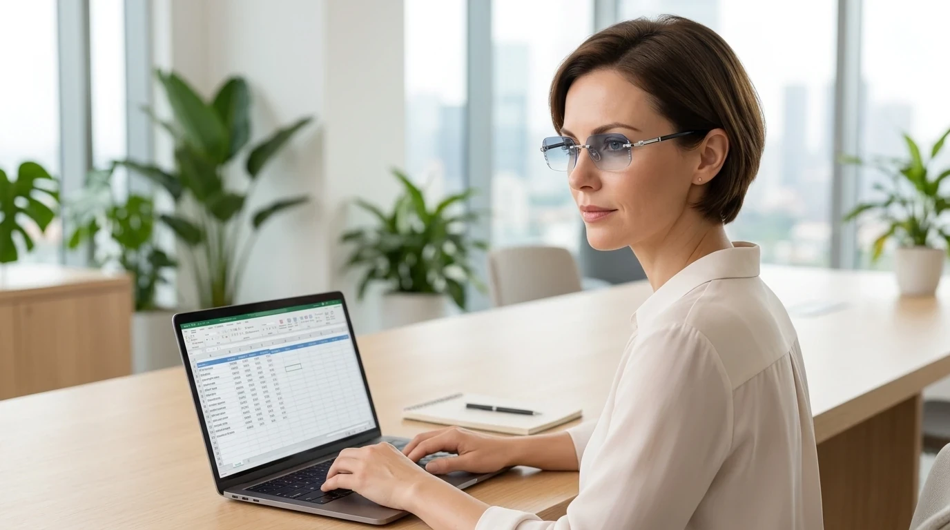 Woman working at a laptop wearing BlueLume blue light glasses