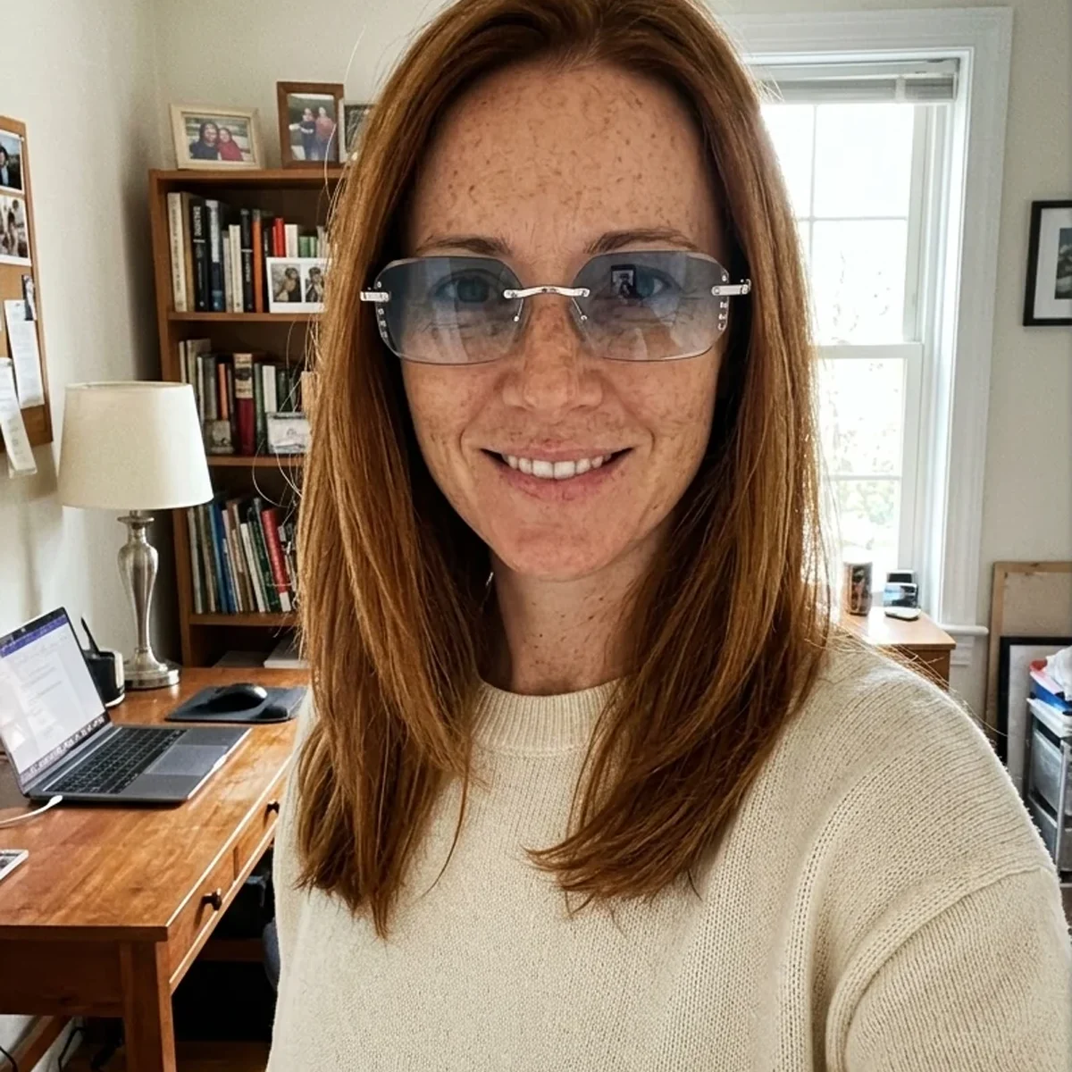 Elena M. wearing BlueLume glasses